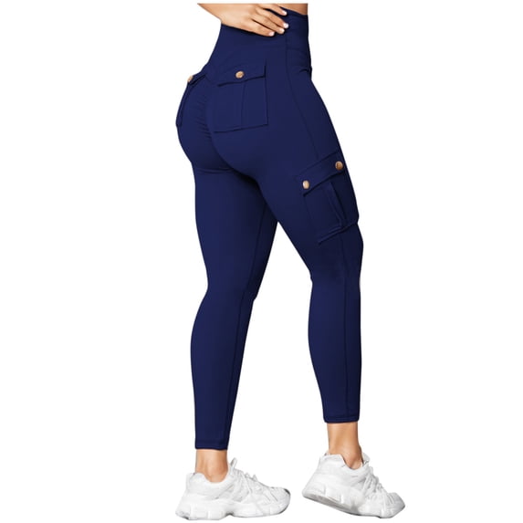 aohooy Womens Cargo Pants Petite, Butt Lifting Scrunch Yoga Pant with Flap Pockets High Waist Tummy Control Stretch Leggings Dark Blue,M
