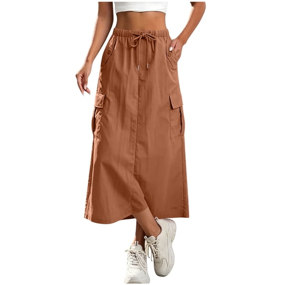 aohooy Womens Cargo Skirt Casual Drawstring Elastic Waist Midi Skirt with Pockets Back Slit A Line Wide Leg Summer Work Skirts Brown,L