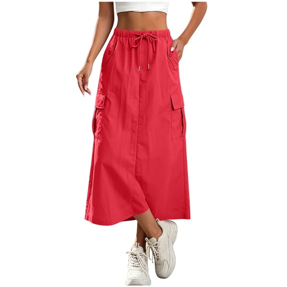 aohooy Womens Cargo Skirt Casual Drawstring Elastic Waist Midi Skirt with Pockets Back Slit A Line Wide Leg Summer Work Skirts Red,XL