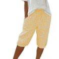 thumbnail image 1 of aohooy Womens Checkered Shorts Plus Size Linen Casual Beach Bermuda Shorts Baggy Drawstring Elastic High Waisted Gingham Wide Leg Knee Length Shorts with Pockets Yellow,XXL, 1 of 9