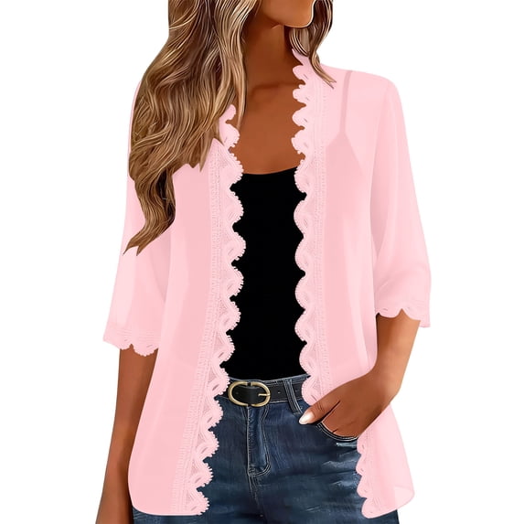 aohooy Womens Chiffon Kimono Cardigan Sheer Open Front Cover Up Ruffle Trim Lightweight Elegant Summer Cardigans Casual Tops Pink,L