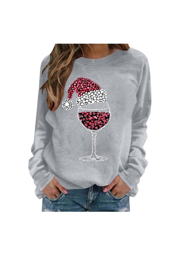Womens Christmas Crewneck Sweatshirt Long Sleeve Party Ugly Christmas Sweater Xmas Red Wine Glass Holiday Pullover Gray,M