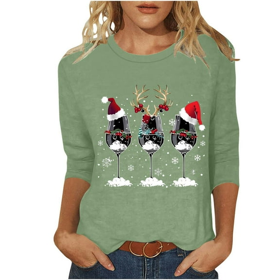 aohooy Womens Christmas Shirts for Women Plus Size Dressy Casual 3/4 Sleeve Tops Holiday Festivel Crewneck Tunic Blouses Party Pullover Top 2025 Green,XXXXXL