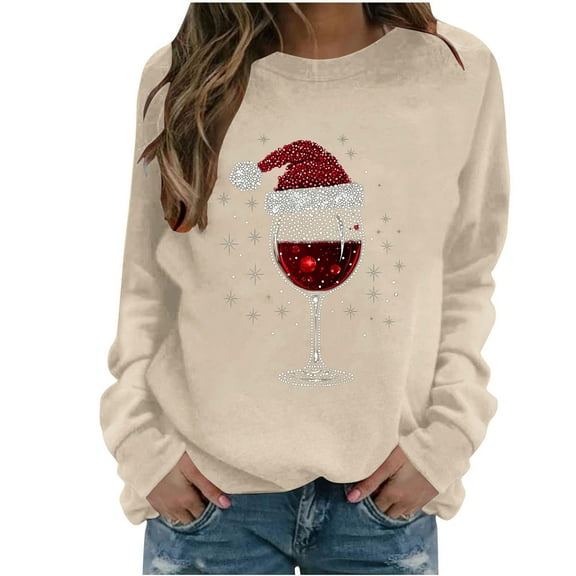 aohooy Womens Christmas Vacation Crewneck Sweatshirt Wine Red Glass Graphic Long Sleeve Funny Holiday Pullover Khaki,S