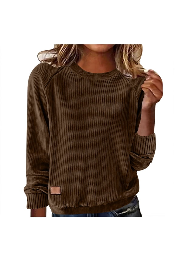 Womens Corduroy Tops Long Sleeve Crew Neck Pullover Sweatshirts Vintage Comfy Jumpers Sweaters Textured Tunic Blouses Brown,L
