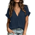 thumbnail image 1 of aohooy Womens Cotton Linen Tops V Neck Short Sleeve Pleated Front Henley Shirts 2026 Summer Dressy Casual Work Gauze Tunic Blouse Navy,XXL, 1 of 8