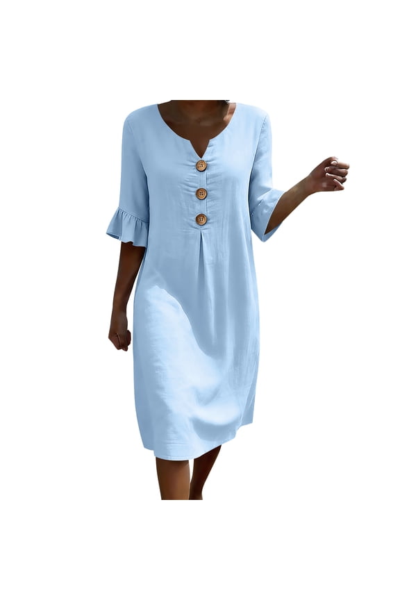 Womens Dresses Ruffled Short Sleeve Button Front Sundress Ruffle Cuff Shift Dress Loose Fit Beach Summer Vacation Dress Light Blue,M