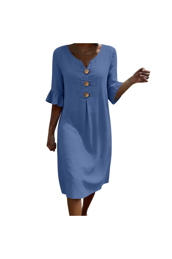Womens Dresses Ruffled Short Sleeve Button Front Sundress Ruffle Cuff Shift Dress Loose Fit Beach Summer Vacation Dress Navy,M