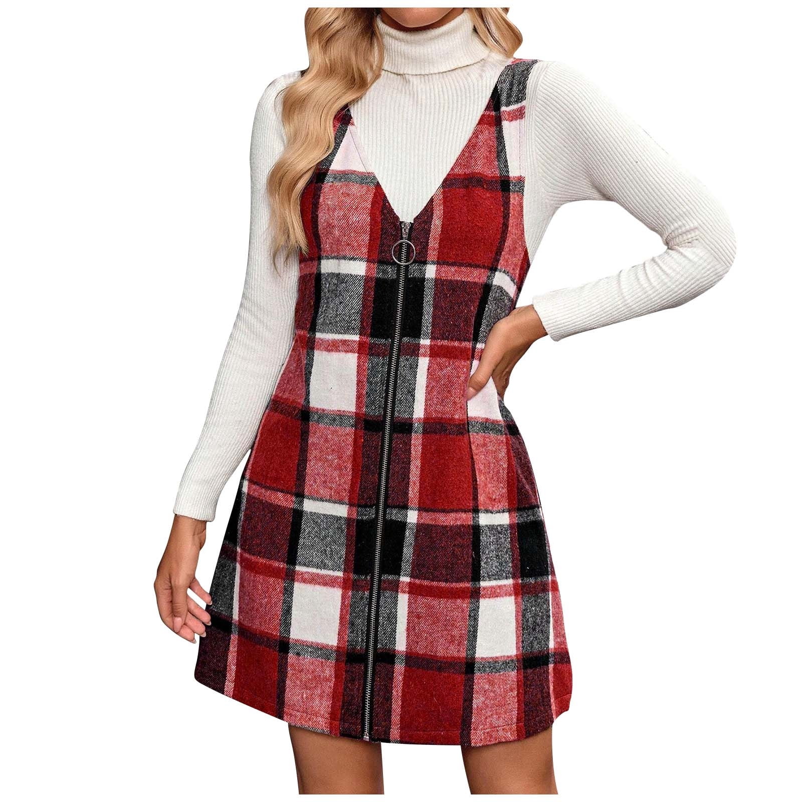 aohooy Plaid Romper Dress Women Zip Up V Neck Sleeveless Jumper