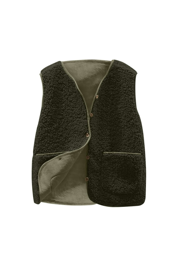 Womens Fuzzy Fleece Vest Button Sleeveless Warm Sherpa Vests Winter Plus Size Faux Shearling Teddy Coat Gilet with Pockets Army Green,XXXL
