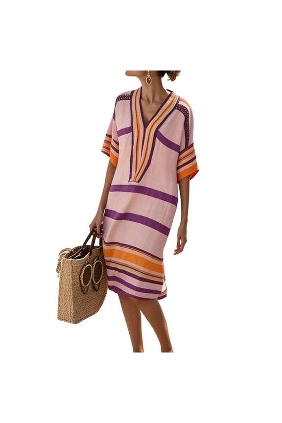 Womens Half Sleeve Midi Dress Striped Knee Length Summer V Neck Boho Vacation Dresses Oversized Slouchy Caftan Cover up Pink,M