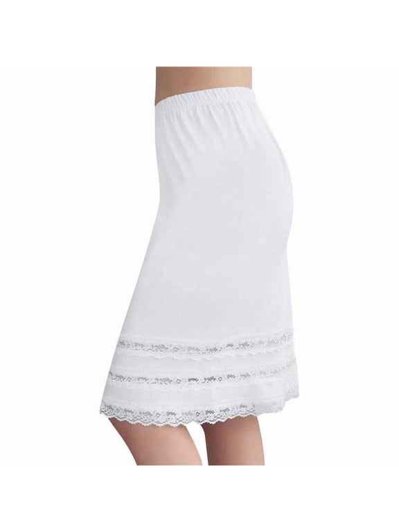 Womens Half Slip Knee Length Plus Size Seamless Modal Underskirt Dress Extender Lace Trim Solid Color Midi Skirt White,S