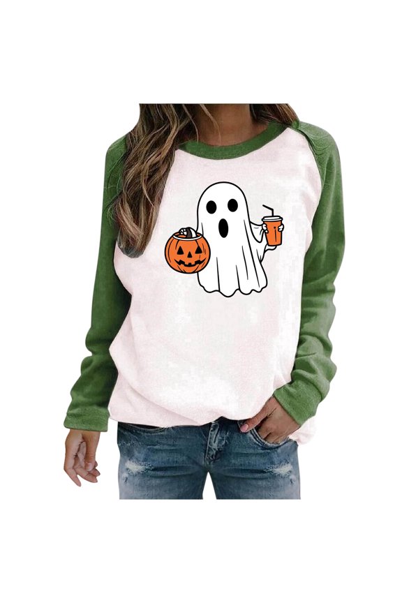 Womens Halloween Shirt Raglan Long Sleeve Crewneck Sweatshirt Funny Ghost Print Tops Vintgae Festival Clothes Gift Green,XXL