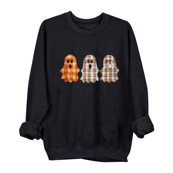 aohooy Womens Halloween T Shirts Halloween Sweatshirts Cute Ghost Graphic Crewneck Sweatshirt Oversized Long Sleeve Pullover Tops 2025 Black,XS
