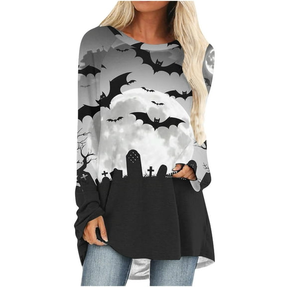 aohooy Womens Halloween T-Shirts Sweatshirts for Women Ghost Print Long Sleeve Crewneck Pullover Loose Fit Cute Graphic Tee Shirt Multicolor,M