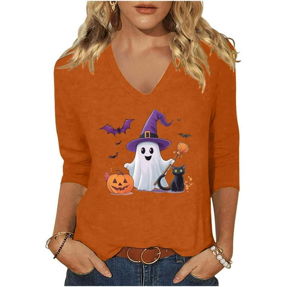 aohooy Womens Halloween Tops Loose 3/4 Sleeve Funny Graphic T-Shirts Casual V Neck Witch Pumpkin Ghost Tunic Tops Orange,XL