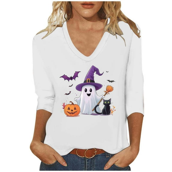 aohooy Womens Halloween Tops Loose 3/4 Sleeve Funny Graphic T-Shirts Casual V Neck Witch Pumpkin Ghost Tunic Tops White,XXL