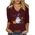 thumbnail image 1 of aohooy Womens Halloween Tops Loose 3/4 Sleeve Funny Graphic T-Shirts Casual V Neck Witch Pumpkin Ghost Tunic Tops Wine,XL, 1 of 5