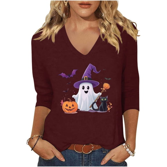aohooy Womens Halloween Tops Loose 3/4 Sleeve Funny Graphic T-Shirts Casual V Neck Witch Pumpkin Ghost Tunic Tops Wine,XXXXL