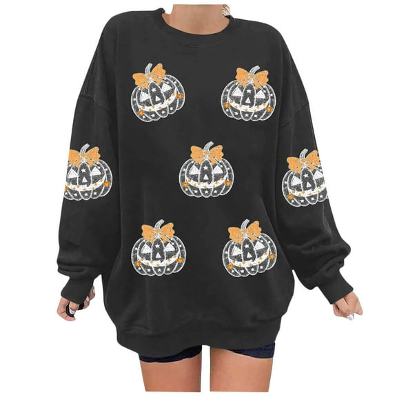 aohooy Womens Halloween Tops Oversized Ghost Sweatshirts Crewneck Cute Spooky Season Graphic Long Sleeve Shirts Gray,XXL
