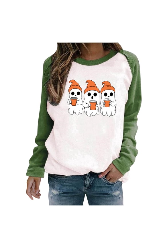 Womens Halloween Tops Raglan Long Sleeve Crewneck Sweatshirt Funny Ghost Print Tops Vintgae Festival Clothes Gift Green,S