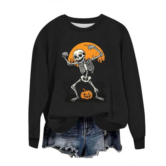 aohooy Womens Halloween Tshirts Cute Funny Ghost Pumpkin Graphic Long Sleeve Shirt Fall Spooky Pullover Sweatshirts Tops Black,M