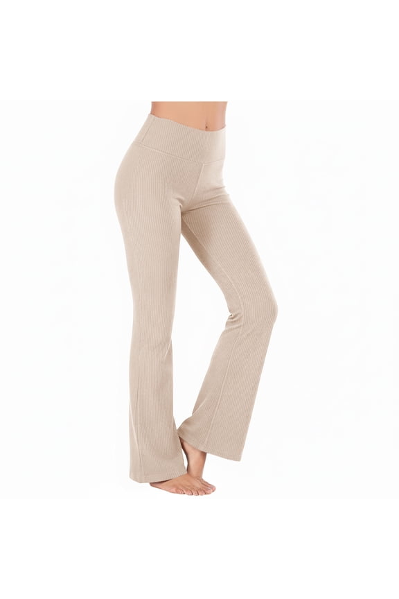 Womens High Waisted Yoga Leggings Soft Ribbed Knit Elastic Flare Pant Stretchy Tummy Control Bootcut Workout Lounge Bottoms Beige,S