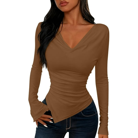 aohooy Womens Holiday Tops Long Sleeve Cowl Neck Slim Fit Shirts Trendy Asymmetrical Hem Going Out Y2k Crop Top Brown,XXL
