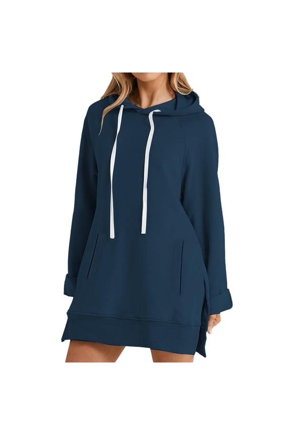 Womens Hoodie Dress Spring Casual Basic Oversized Long Sweatshirt Pullover Drawstring with Pockets Split Hem Hoodies Navy,XXL