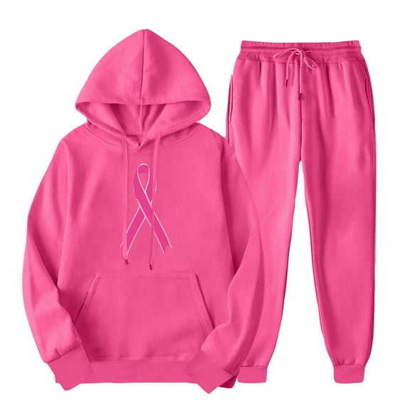 aohooy Womens Hoodies and Sweat Pants Sets,Sweatsuits for Women Set 2 Piece Jogging Outfit Pink Ribbon Breast Cancer Print Hoodie Sweatshirt Sweatpants Tracksuit 2024 Hot Pink,S