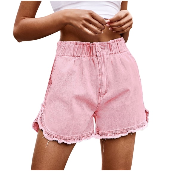 aohooy Comfy Jean Shorts for Women Summer Lightweight Wide leg Denim Shorts Casual Baggy Trendy Elastic Waist Comfy Cropped Pant with Pockets Pink,L