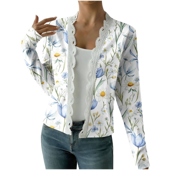 aohooy Womens Knit Cardigan Oversized Open Front Elegant Lace Trim Floral Print Cardigans Casual Lightweight Long Sleeve Shrug Tops Outerwear Multicolor,S