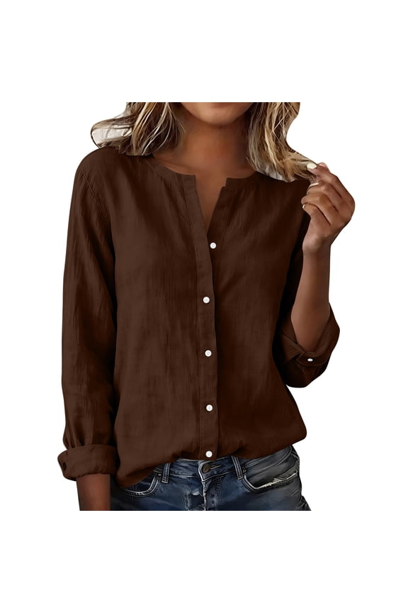 Womens Linen Button Down Shirts Collarless Summer Loose Fit Long Sleeve Notched V Neck Tops Office Work Tunic Blouses Brown,XL