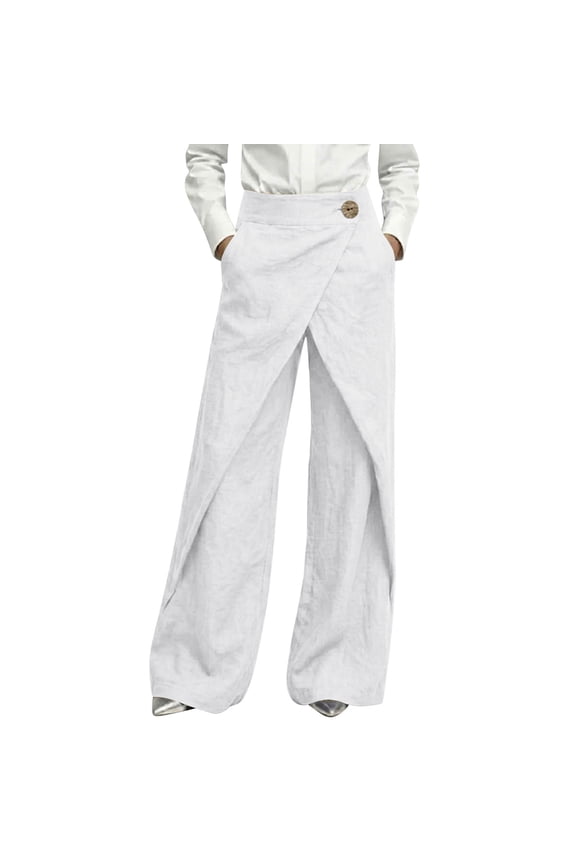Womens Linen Pants Beach Summer Boho Wide Leg Casual Pants Palazzo Button High Waist Irregular Wrap Lounge Travel Vacation White,M