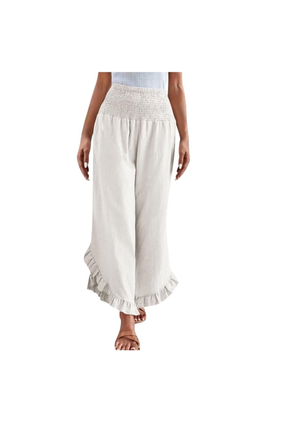 Womens Linen Pants High Waisted Wide Leg Boho Dressy Ruffle Palazzo Pant Flowy Summer Resort Wear Vacation Beach Trousers White,XL
