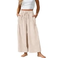 thumbnail image 1 of aohooy Womens Linen Pants Wide Leg Flowy Palazzo Casual Elastic Waist Drawstring with Pockets Loose Summer Beach Vacation Pant Beige,XXL, 1 of 8