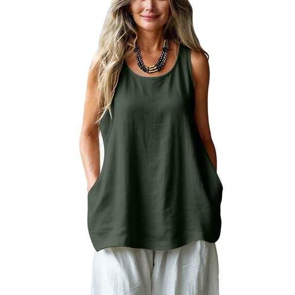 aohooy Womens Linen Shirt with Pockets Tank Tops Loose Casual Sleeveless Gauze Shirts Crew Neck Summer Flowy Hem Tunic Army Green,XL