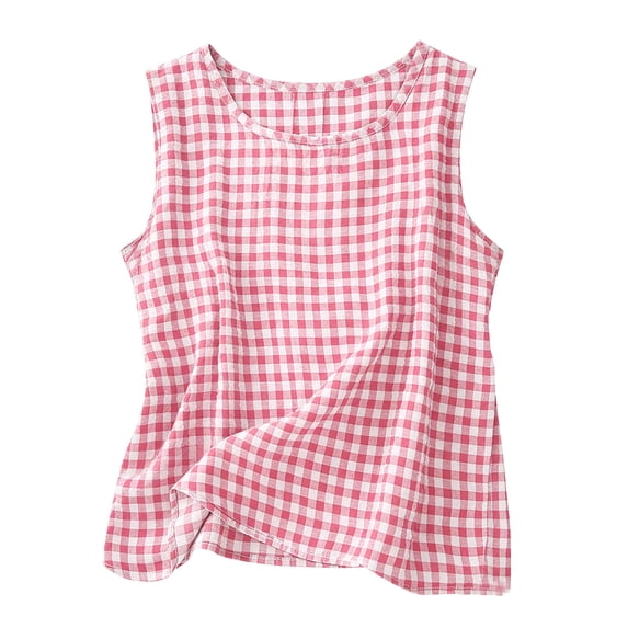 aohooy Womens Linen Shirts Blouses Summer Casual Sleeveless Crewneck Gingham Crop Tank Tops Plus Size Plaid Print Loose Fit Vest Tee Pink,S