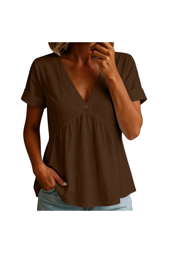 Womens Linen Tops Empire Waist Button Blouses V Neck Peplum Tops Elegant Dressy Casual Summer Short Sleeve T-Shirt Brown,L