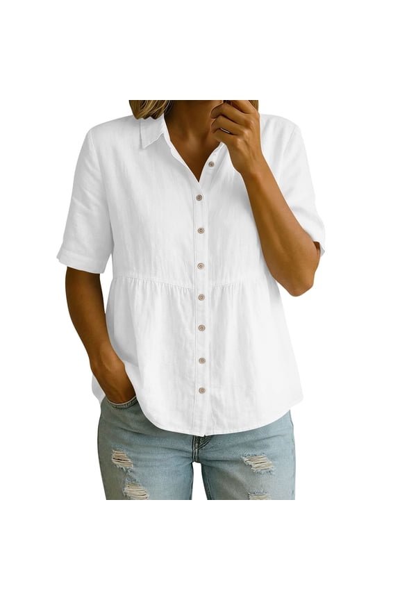 Womens Linen Tunic Shirt Button Down Short Sleeve Babydoll Shirts Collared Empire Waist Summer Blouses Tops Vacation Tee White,L