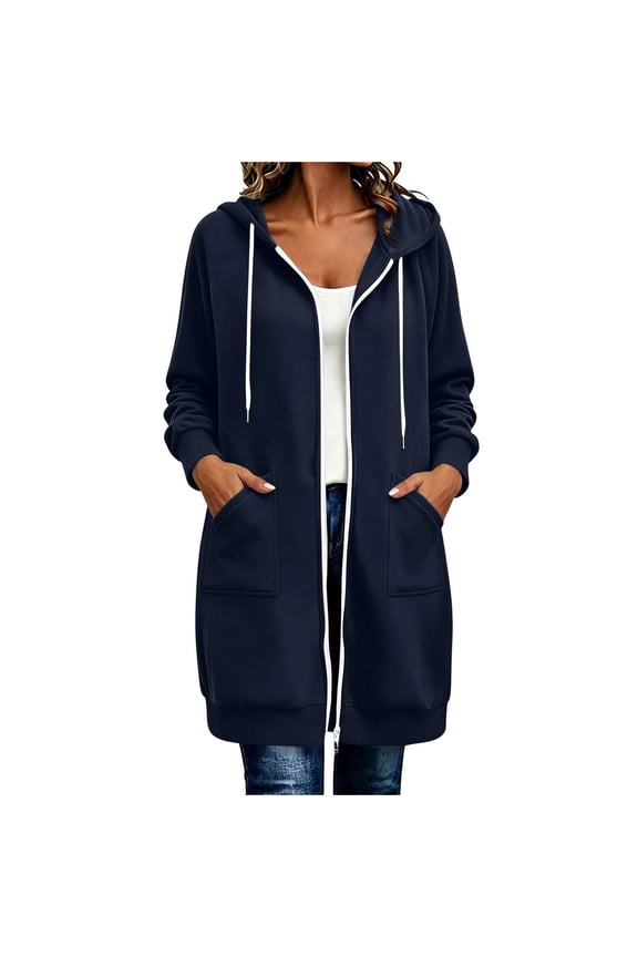 Womens Long Hoodie Jacket Lightweight Tunic Sweatshirt Fall Winter Double Zip Up Drawstring Hooded Sweatshirts with Pocket Navy,S