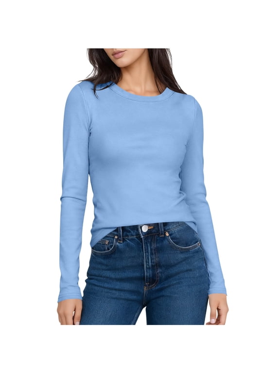 Womens Long Sleeve Base Layer Shirt Slim Fit Solid Color Crew Neck Going Out Tops Tunic Blouses Spring Tight Tshirts 2026 Light Blue,S