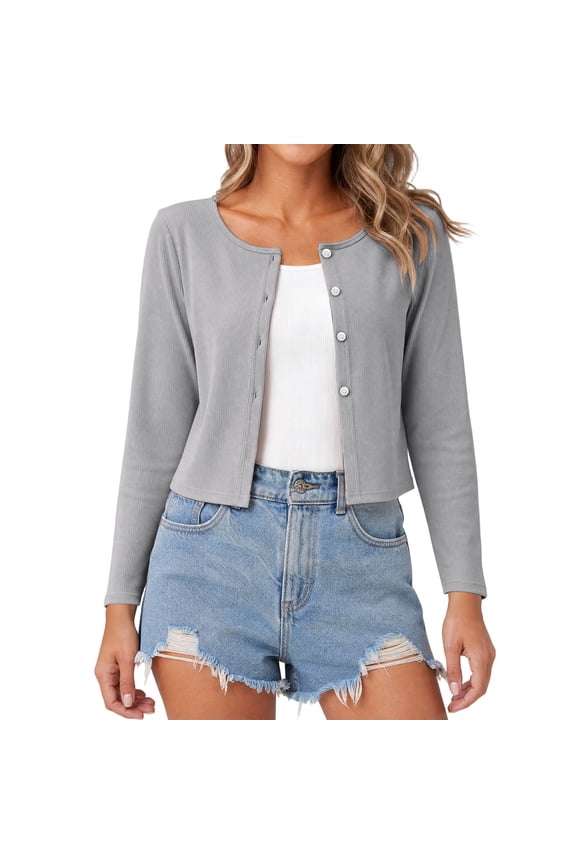 Womens Long Sleeve Knit Cardigan Sweaters Cropped Casual Dressy Open Front Button Down Summer Cardigans 2026 Gray,S