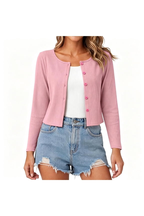 Womens Long Sleeve Knit Cardigan Sweaters Cropped Casual Dressy Open Front Button Down Summer Cardigans 2026 Pink,S