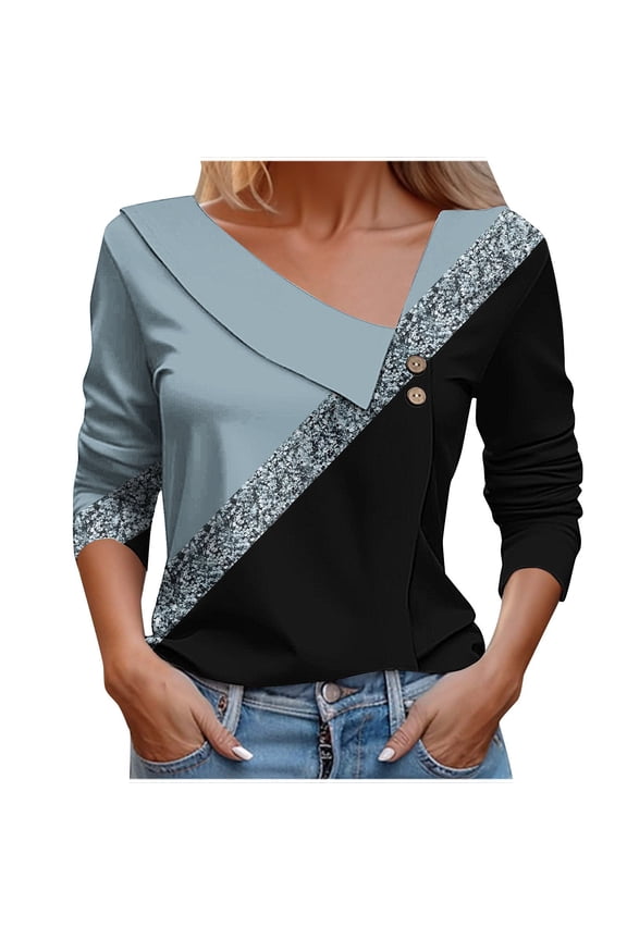 Womens Long Sleeve Shirts Business Casual Tops Loose Work Blouses V Neck Button Front Patchwork Marble Print T-Shirt Tunic Navy,L