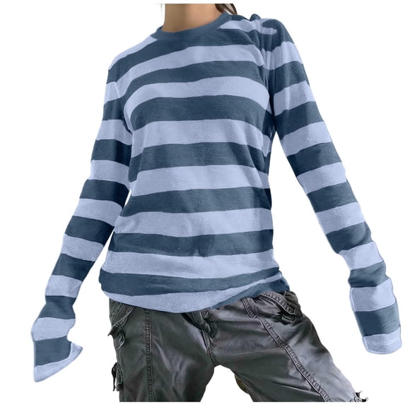 aohooy Womens Long Sleeve Striped T Shirts Color Block Y2k Gothic Oversized Sweatshirts Tops for Teen Girl Pullover Sweater 2026 Blue,L