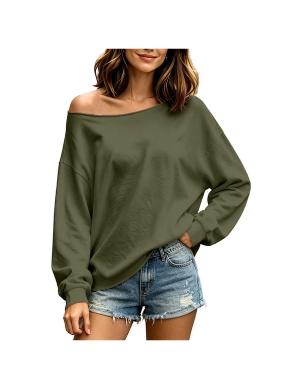 Womens Off The Shoulder Sweatshirt Drop Shoulder Casual Long Sleeve Pullover Tops Oversized Tshirts Fall Basic Tees 2026 Army Green,L