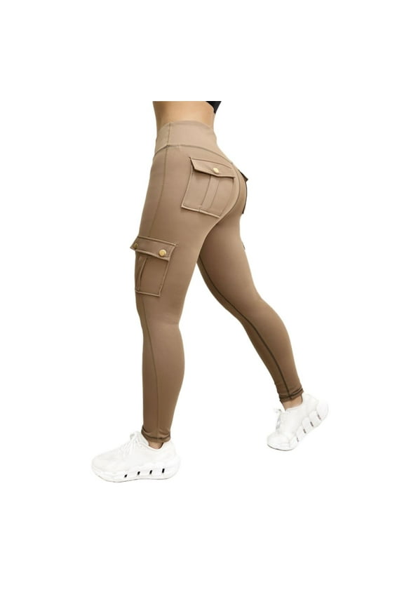 Womens Pants Cargo Butt Lifting Plus Size High Waisted Leggings with Flap Pockets Workout Tummy Control Stretchy Yoga Pant Khaki,XXL