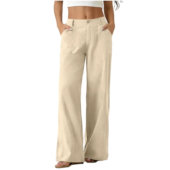 aohooy Womens Pants Wide Leg High Waisted Summer Casual Button Up Palazzo Work Pant Beach Vacation Comfort Trousers with Pockets Beige,XXL