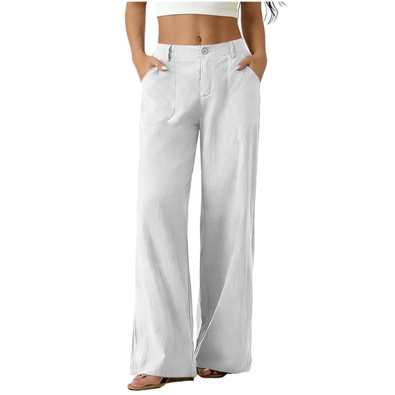 aohooy Womens Pants Wide Leg High Waisted Summer Casual Button Up Palazzo Work Pant Beach Vacation Comfort Trousers with Pockets White,M